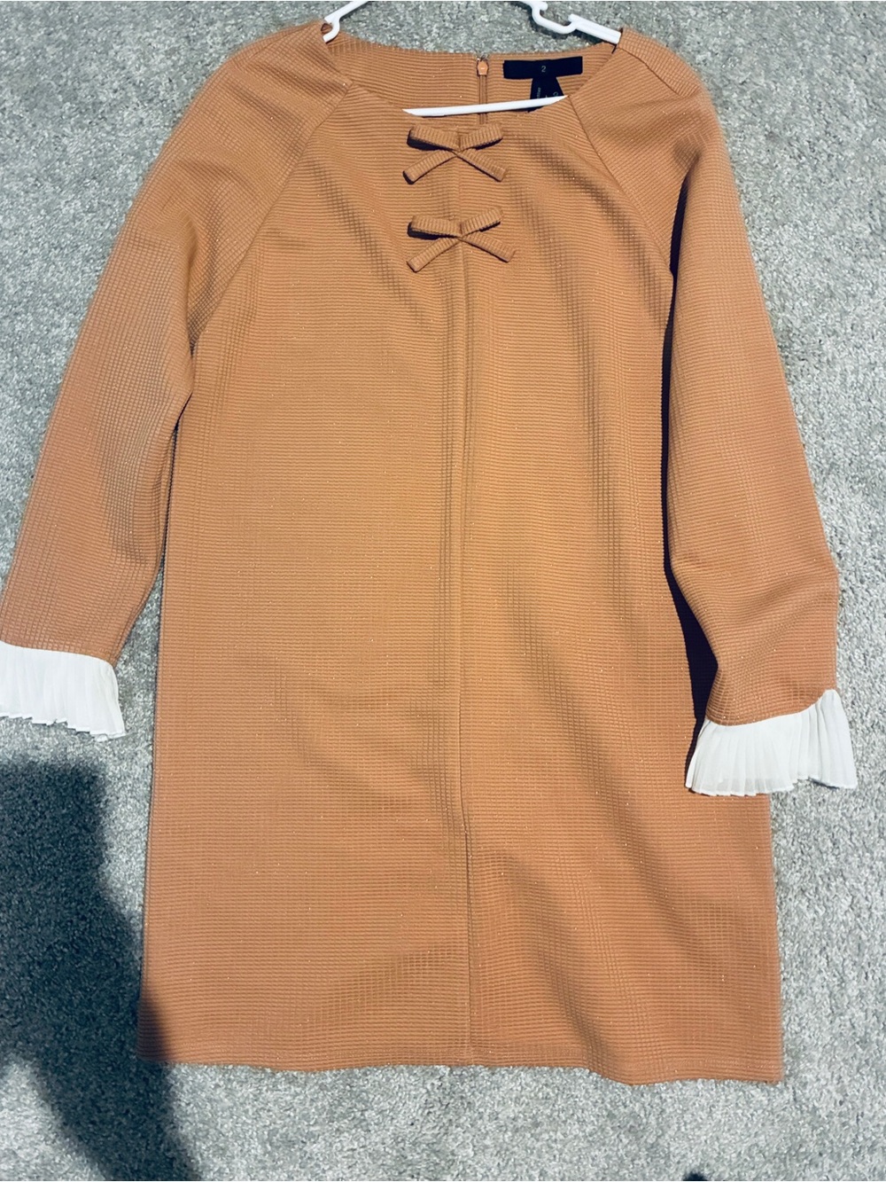 Bread n Butter Women’s Camel Bow-Accent Shift Coat with White Pleated Cuffs